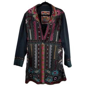 Johny Was Two Ten Ten Five Biya Embroidered Long Coat Boho Statement Blue Sz XL